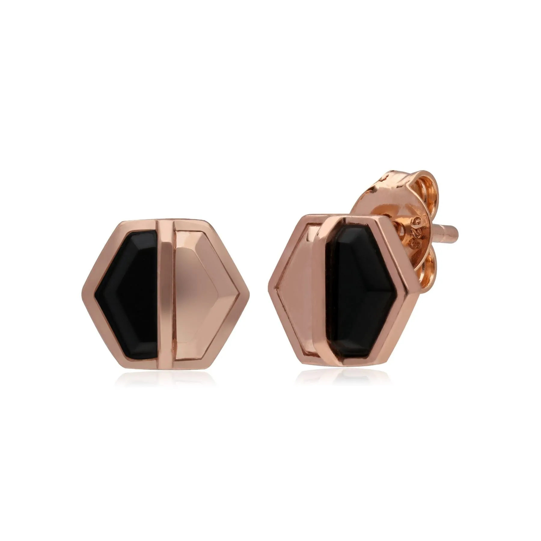 Mini Statement Schwarzer Onyx Hexagon Ohrstecker in Rose Vergoldetem 925 Sterling Silber