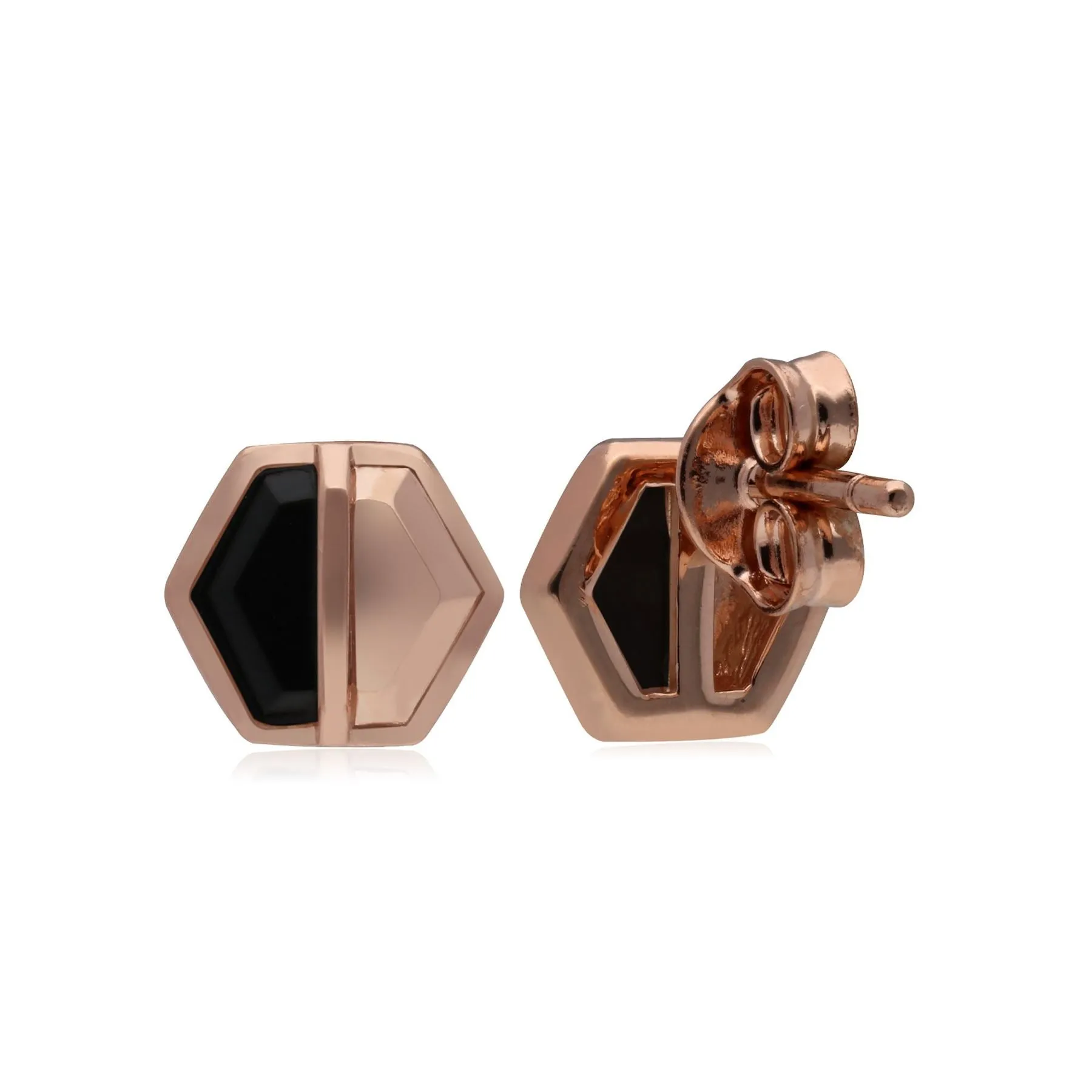 Mini Statement Schwarzer Onyx Hexagon Ohrstecker in Rose Vergoldetem 925 Sterling Silber