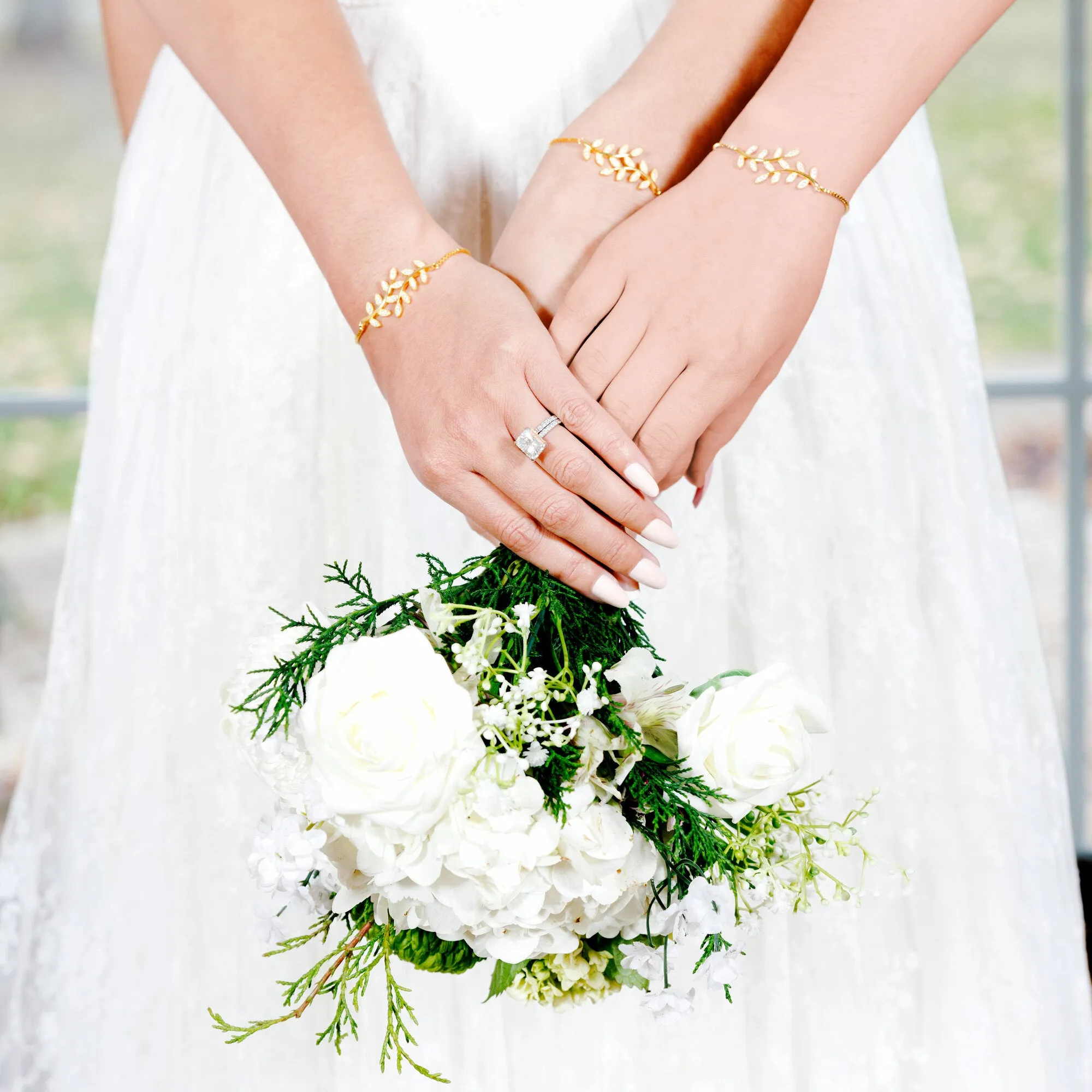 Mother of the Bride White Zircon Leaf - Gold Plated Adjustable Bracelet