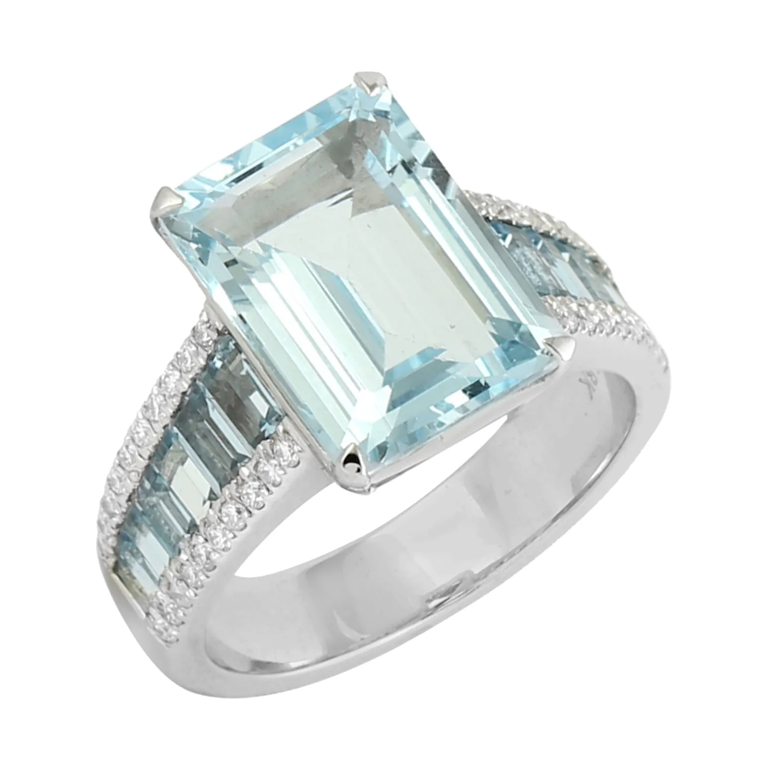 Natural Aquamarine Pave Diamond Cocktail Ring 18k White Gold For Women