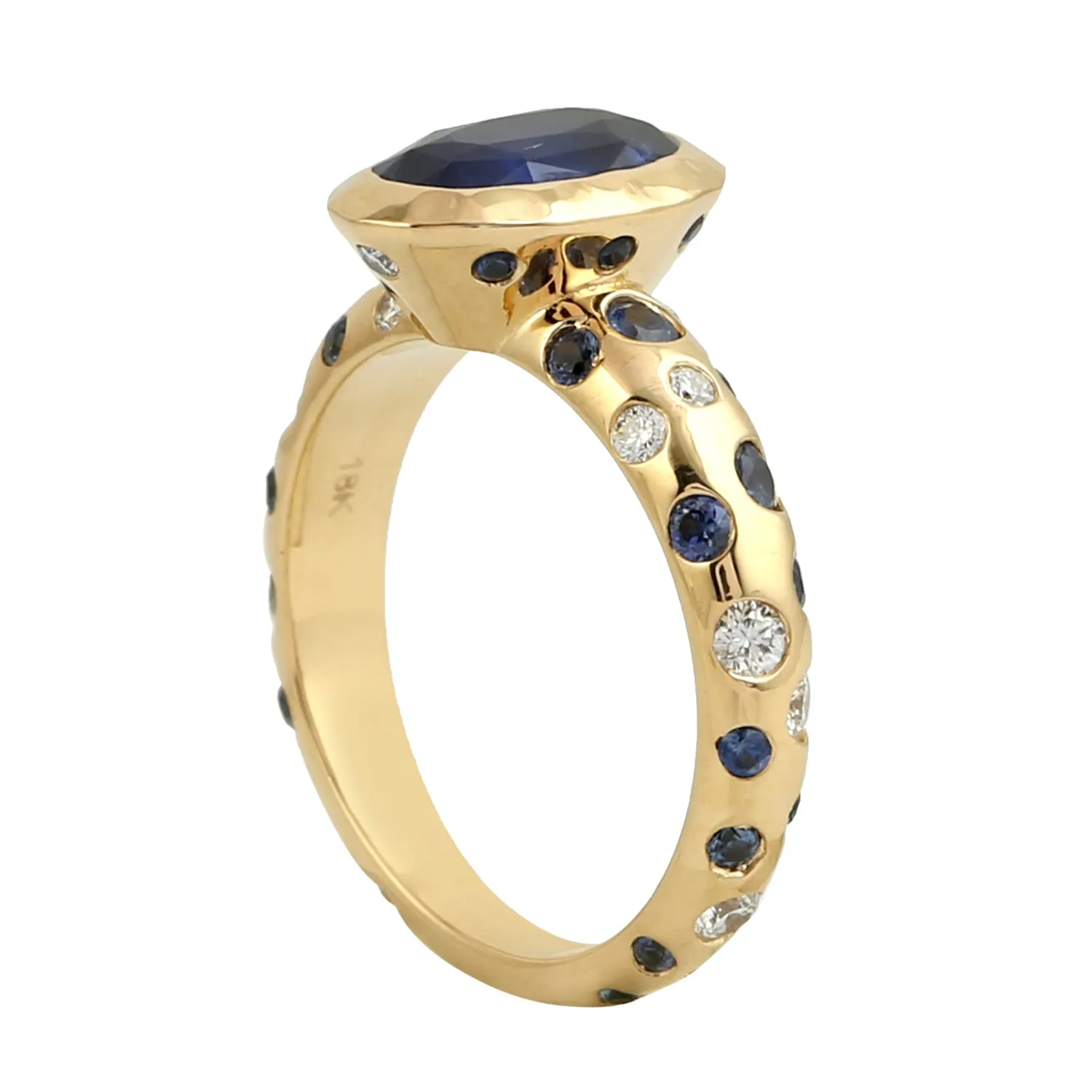 Natural Blue Sapphire & Diamond Beautiful Cocktail Ring In 18K Yellow Gold For Wedding Gifts