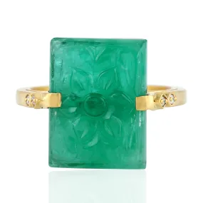 Natural Carved Emerald Pave Diamond Beautiful Ring 18k Yellow Gold Cocktail Ring