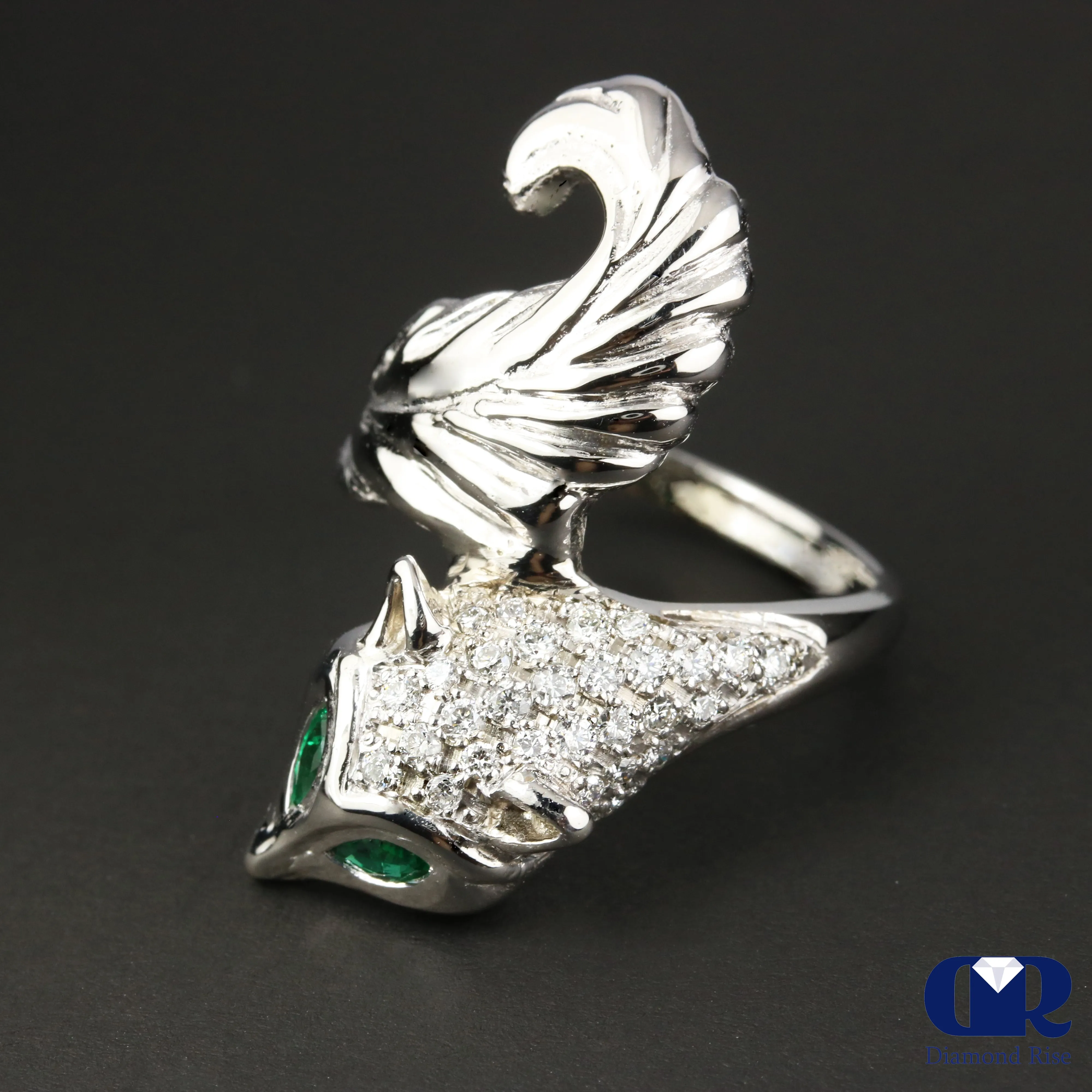 Natural Diamond & Emerald Fox Cocktail Ring In 14K White Gold