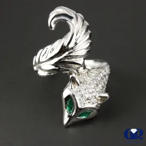 Natural Diamond & Emerald Fox Cocktail Ring In 14K White Gold