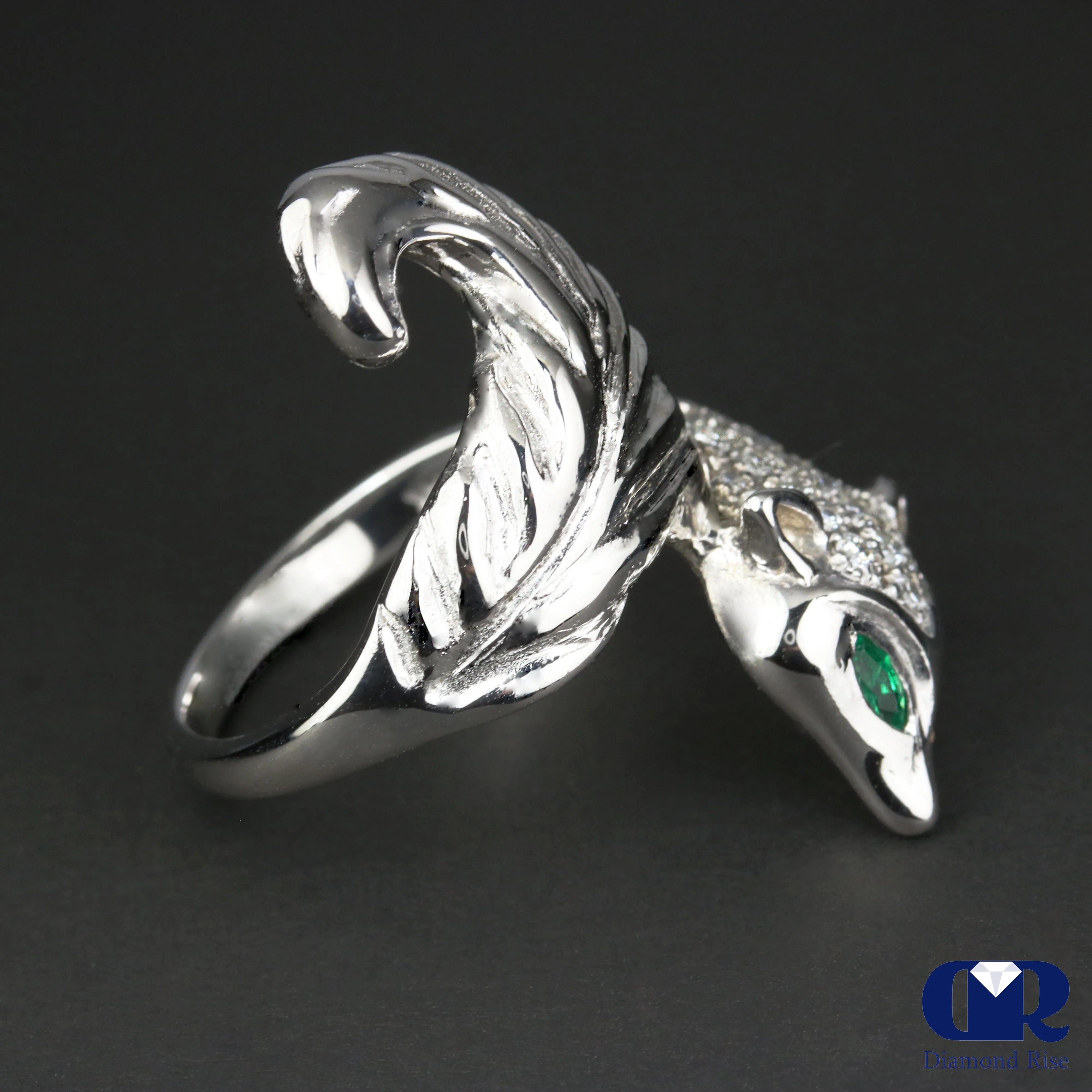 Natural Diamond & Emerald Fox Cocktail Ring In 14K White Gold