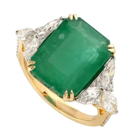 Natural Octagon Emerald Marquise Diamond In 18K Yellow Gold Engagement Ring For Women