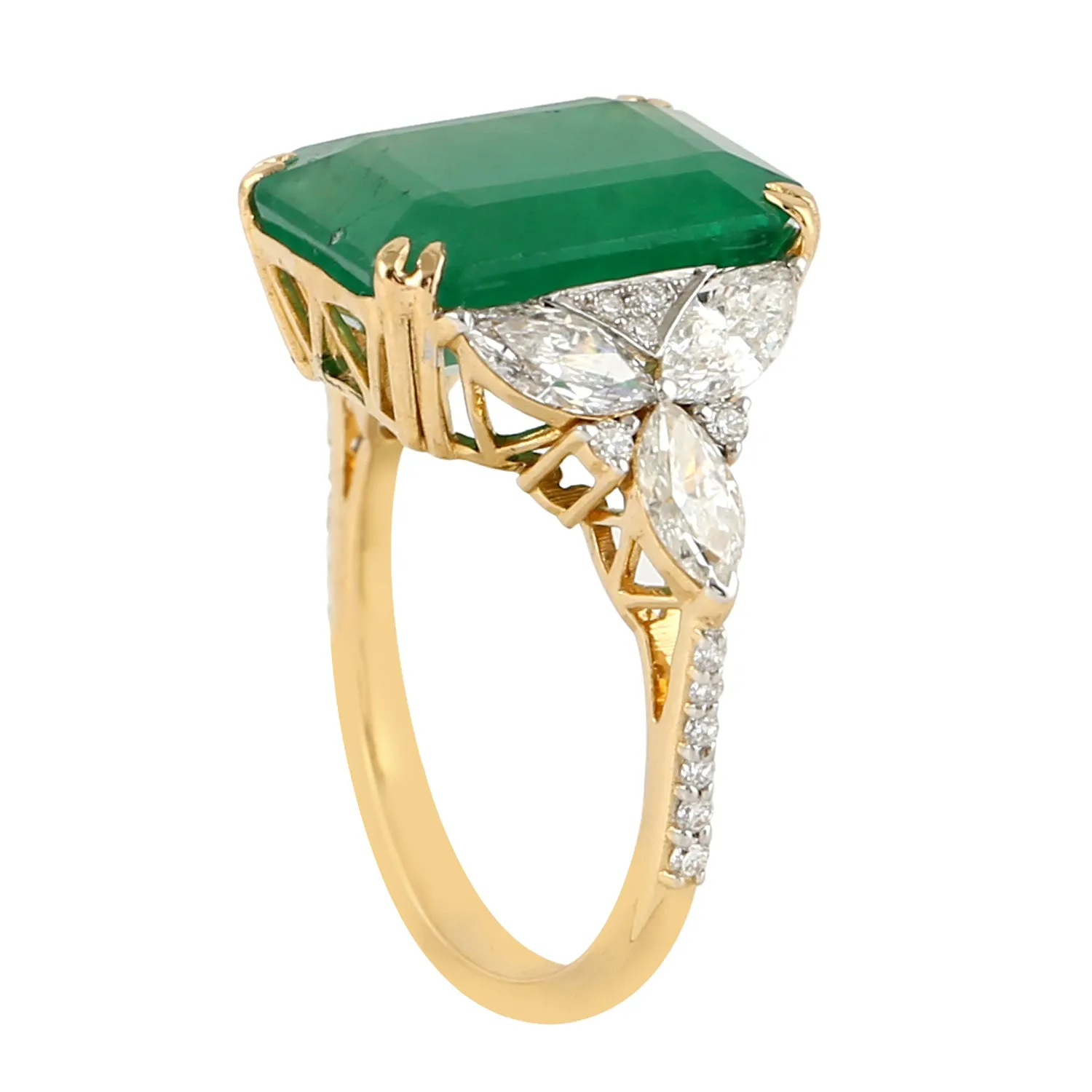 Natural Octagon Emerald Marquise Diamond In 18K Yellow Gold Engagement Ring For Women