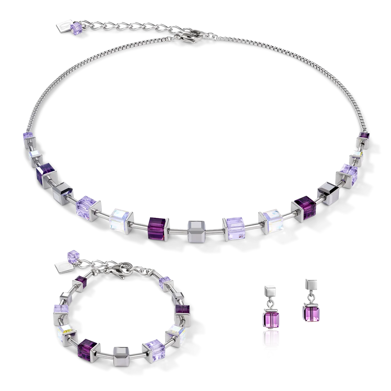 Necklace GeoCUBE®  Crystals & stainless steel amethyst