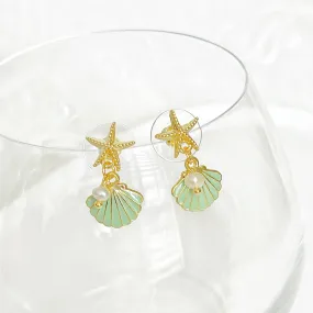 Ninaouity - Gold Starfish and Green Seashell with Mini Pearl Drop Earrings