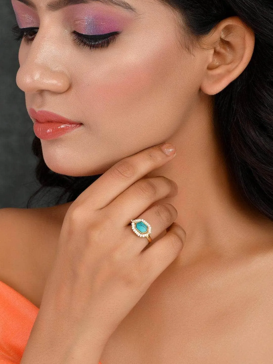 Oblong Kundan Pearl Ring Blue