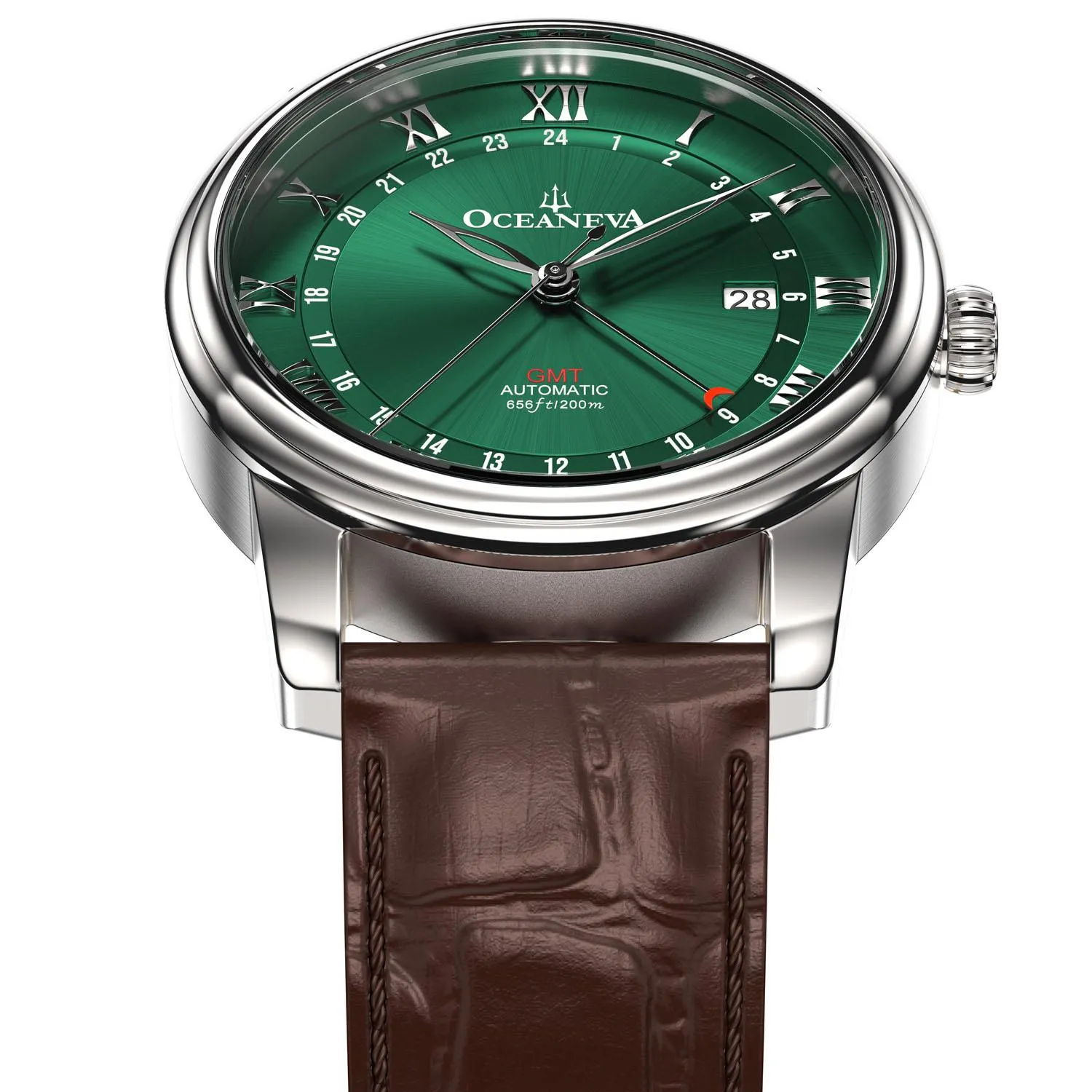 Oceaneva Men's OceanTrek GMT Automatic 200m Leather Watch Green