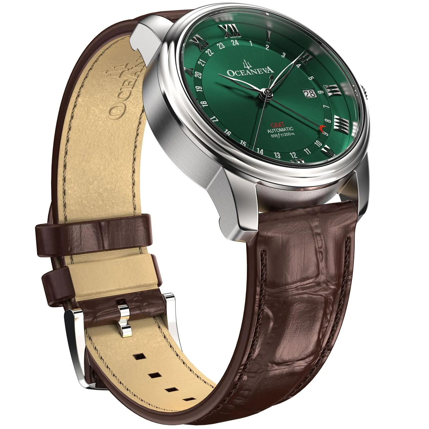 Oceaneva Men's OceanTrek GMT Automatic 200m Leather Watch Green