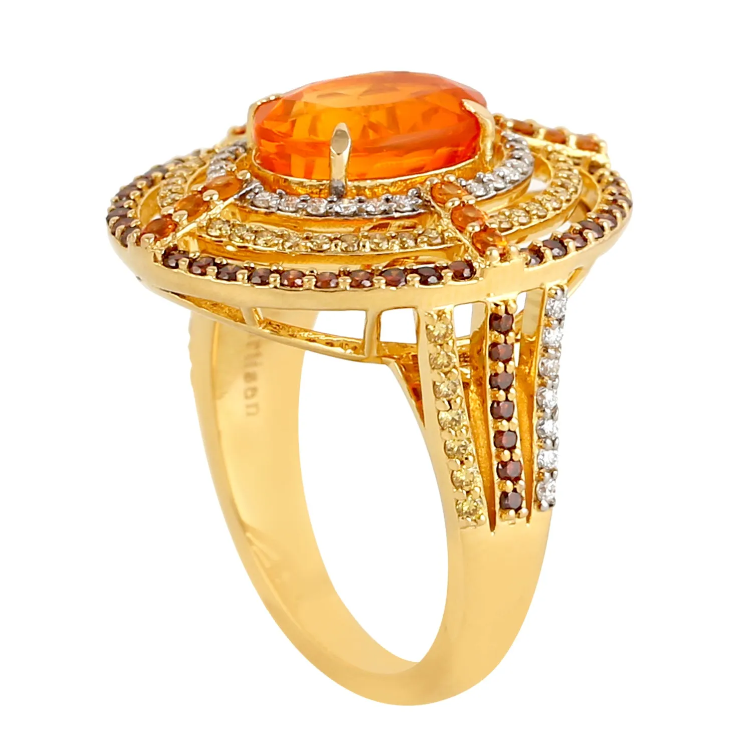 Opal Fire & Garnet Mandarin Pave Diamond Engagement Halo Ring In 18k Yellow Gold