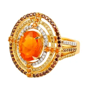 Opal Fire & Garnet Mandarin Pave Diamond Engagement Halo Ring In 18k Yellow Gold