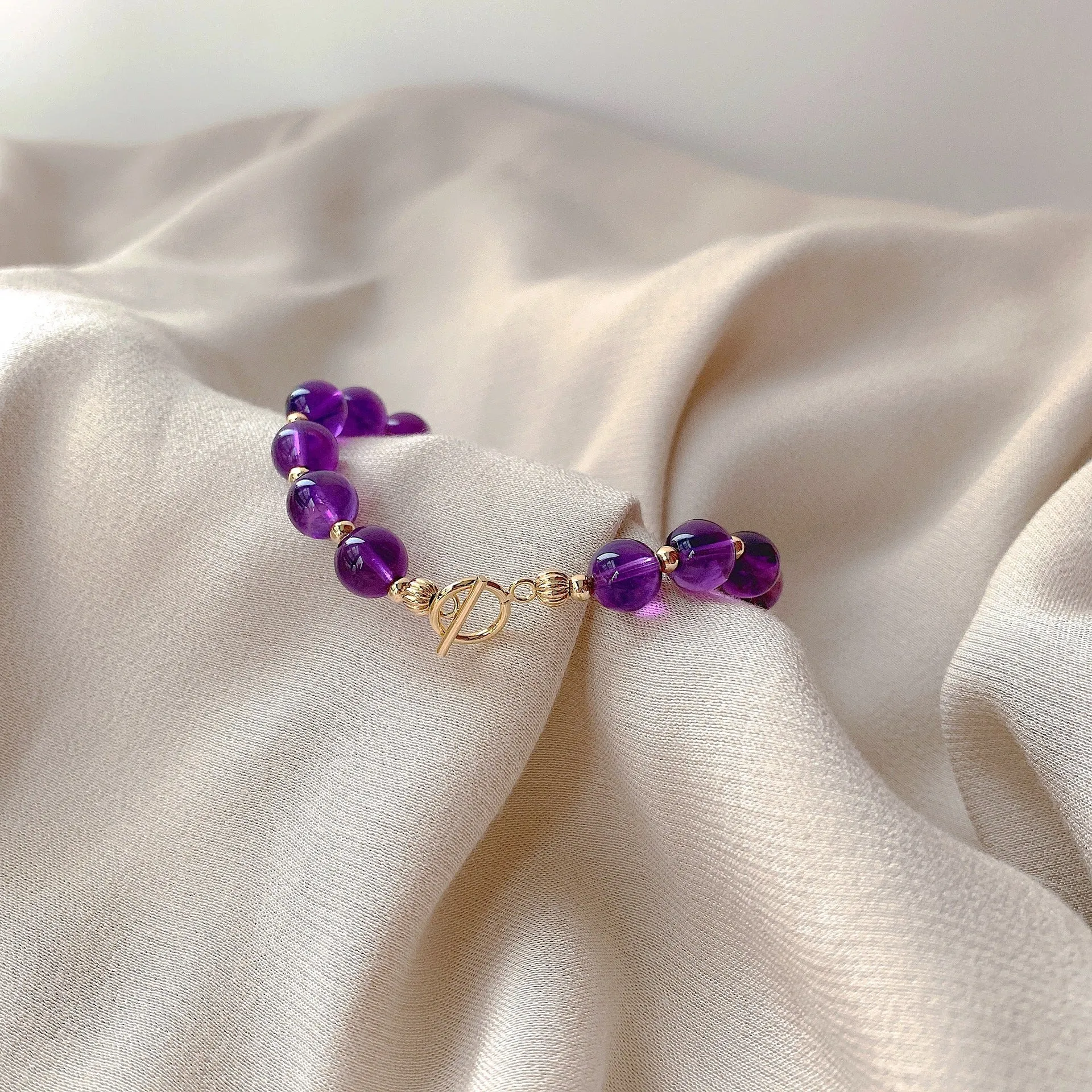 Original Design Natural Amethyst Ot Buckle Bracelet Love Pendant 14K Gold Hand-Made Korean Simple Bracelet Female