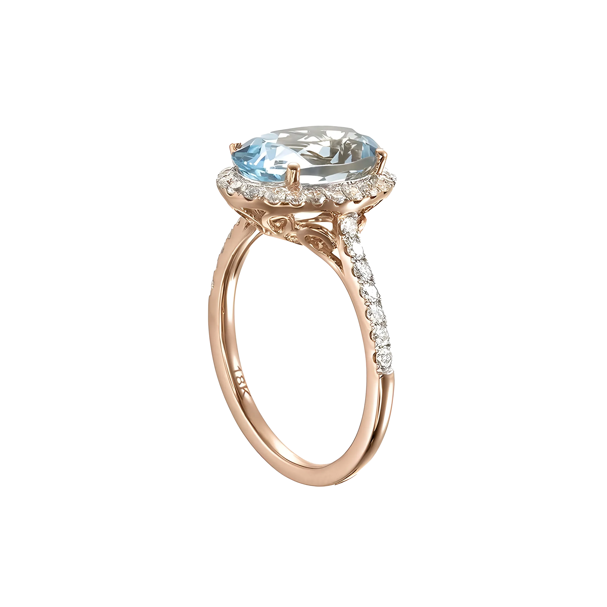 Oval Aquamarine and Diamond Halo Ring in 18k Rose Gold