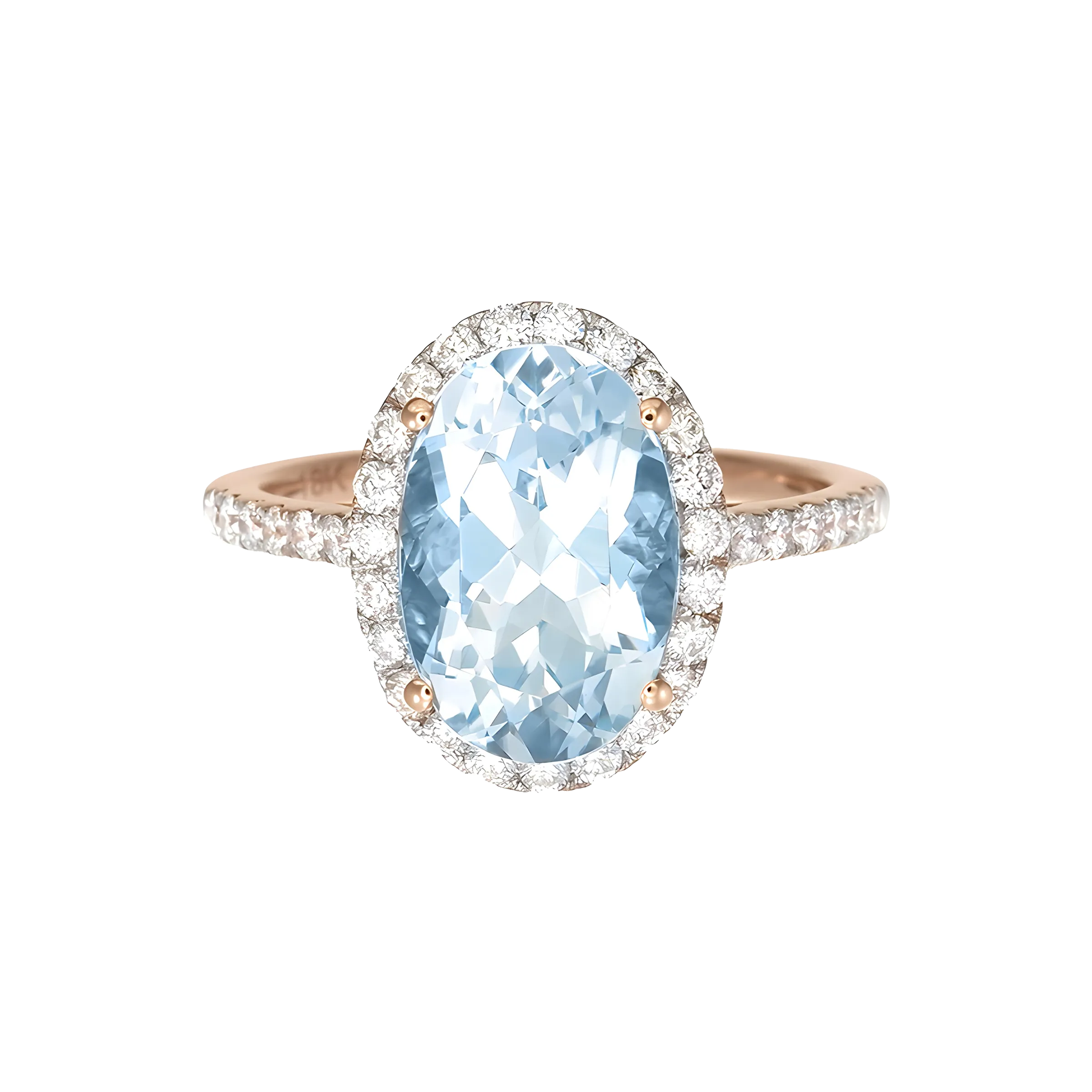 Oval Aquamarine and Diamond Halo Ring in 18k Rose Gold