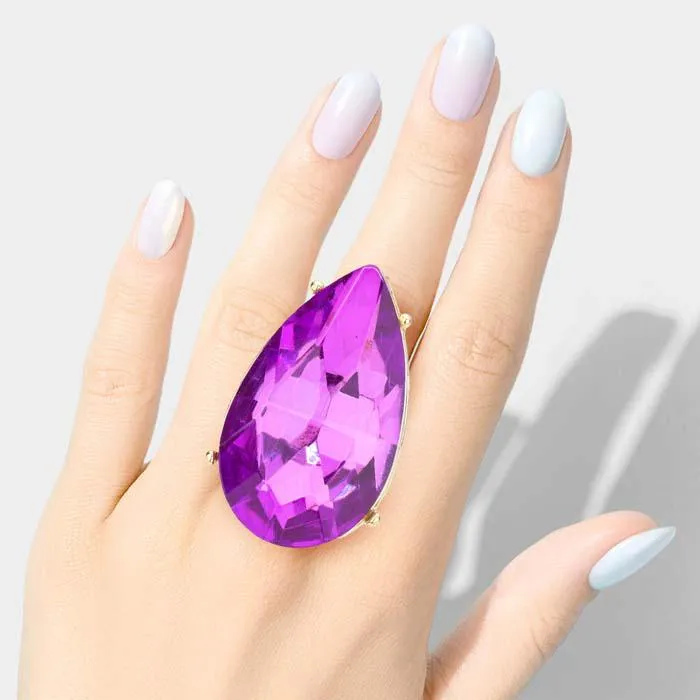 Oversized Teardrop Purple Stone Stretch Gold Ring