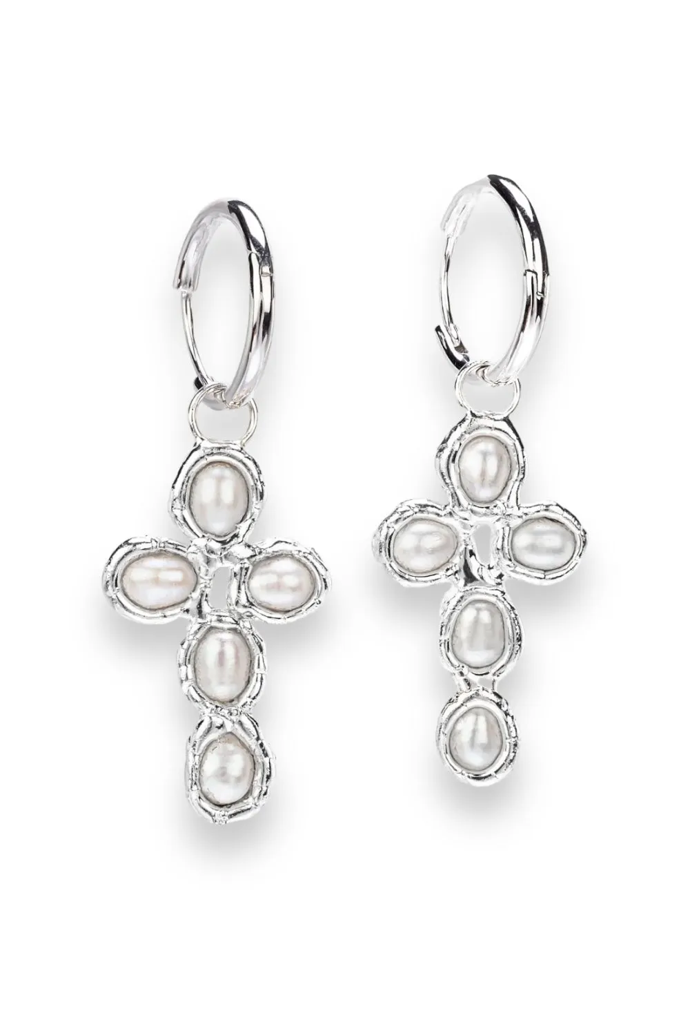 Pearl Cross Hoops in Silver