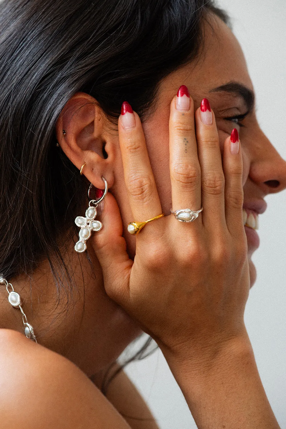 Pearl Cross Hoops in Silver