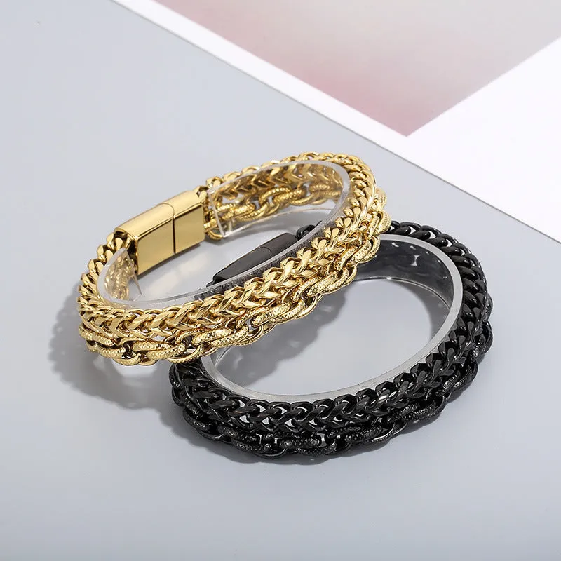 Personalized Double-Layer Titanium Steel Men's Bracelet with Vacuum Electroplating - European and American Fashion