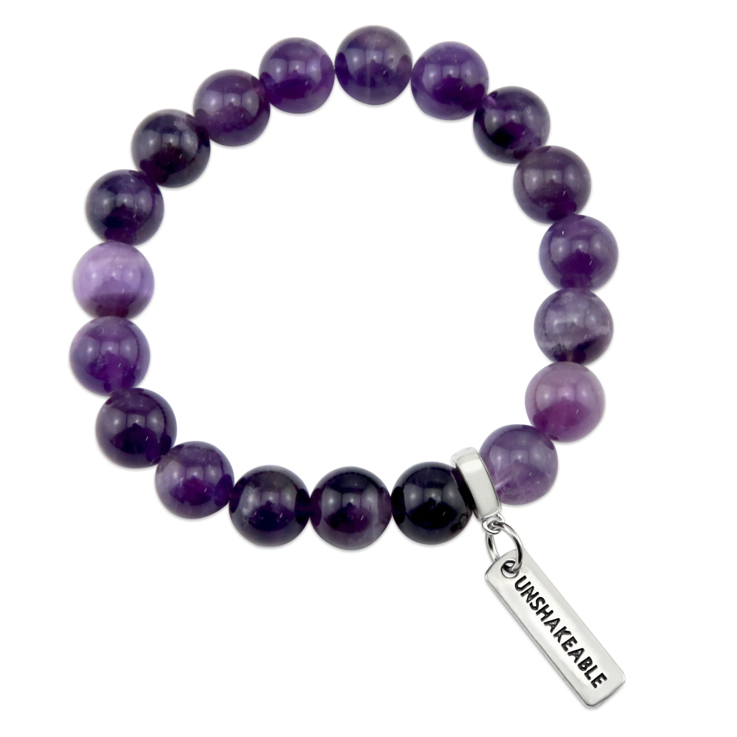 Precious Stone Bracelet - Deep Amethyst 10mm Beads - with Silver Word Charms