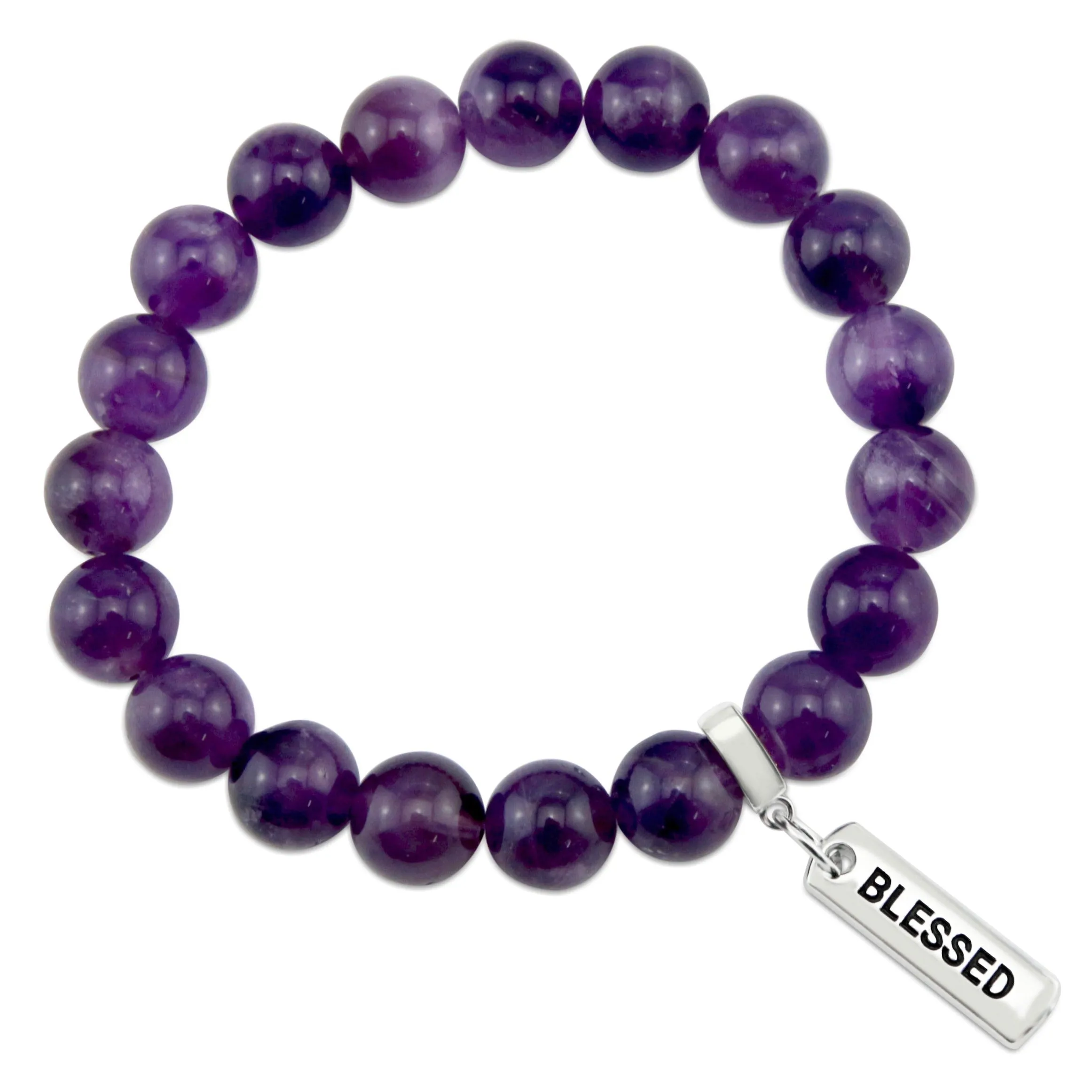 Precious Stone Bracelet - Deep Amethyst 10mm Beads - with Silver Word Charms