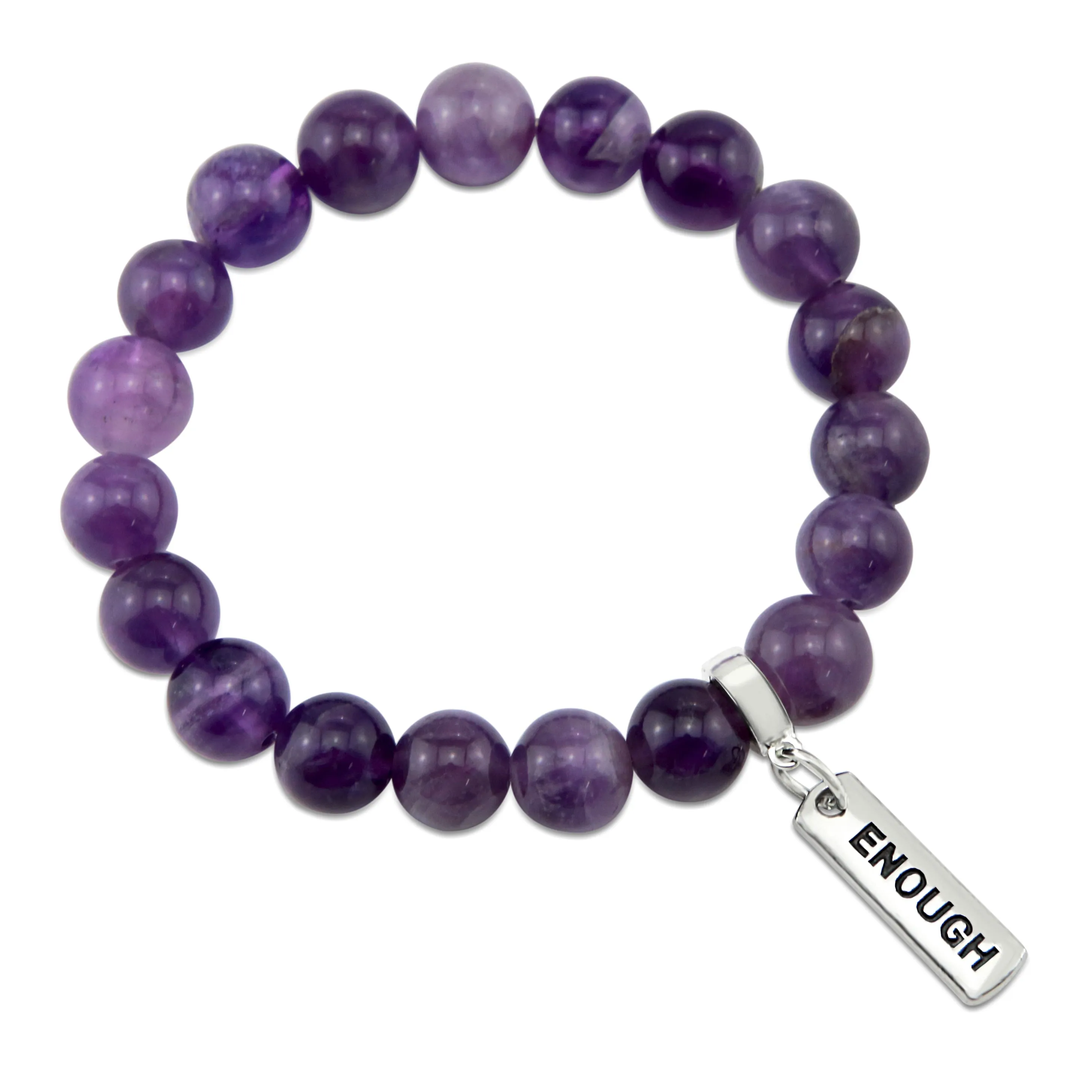 Precious Stone Bracelet - Deep Amethyst 10mm Beads - with Silver Word Charms