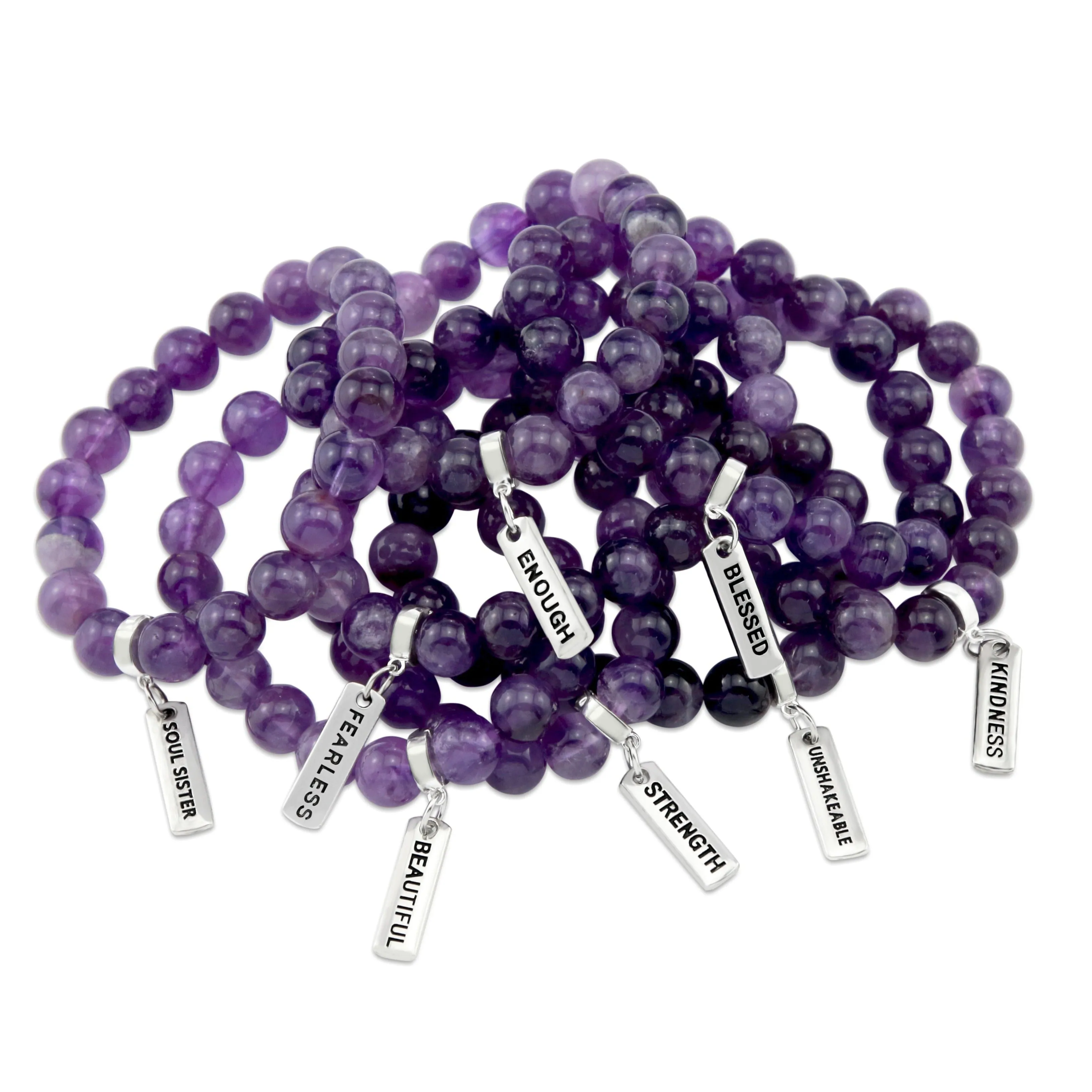 Precious Stone Bracelet - Deep Amethyst 10mm Beads - with Silver Word Charms