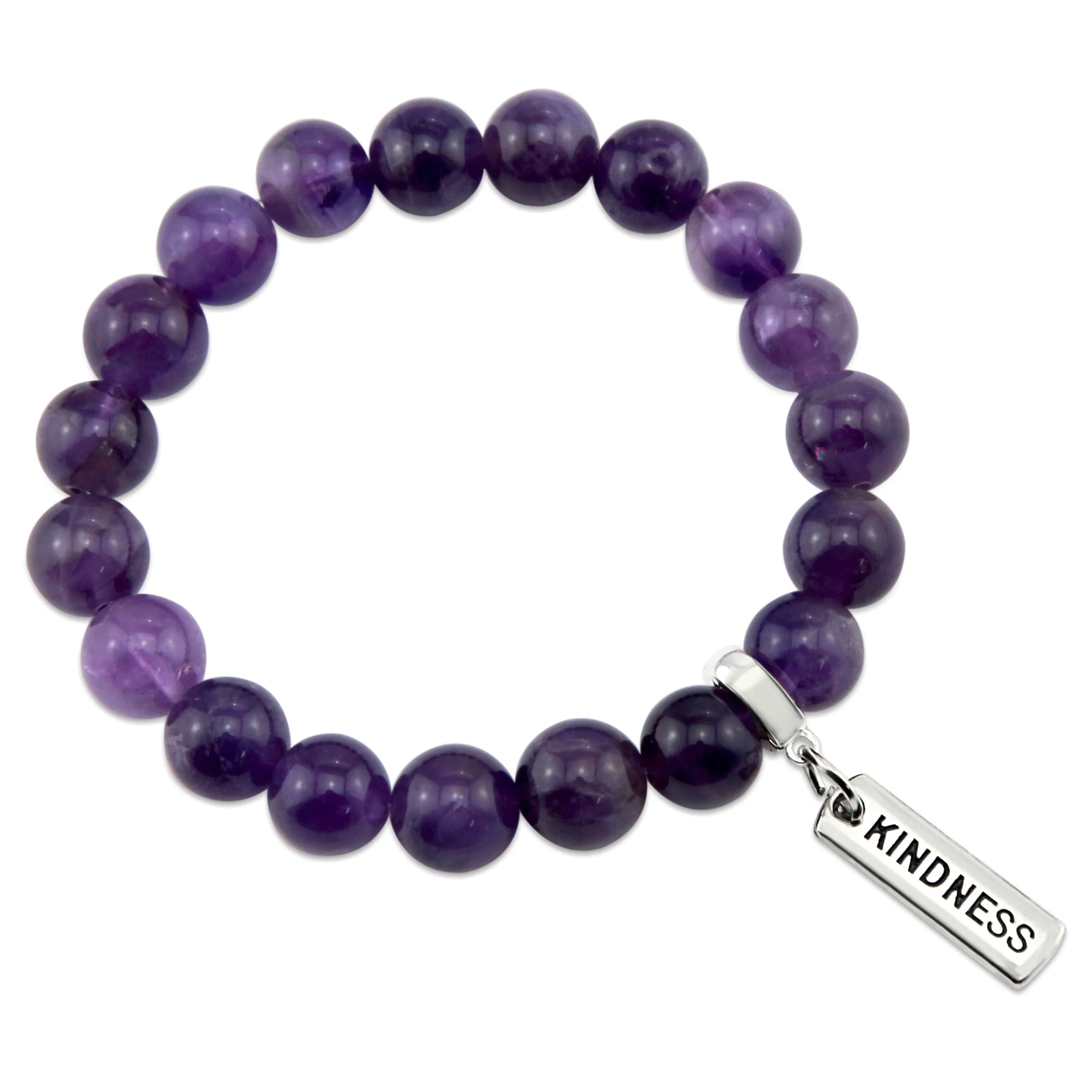 Precious Stone Bracelet - Deep Amethyst 10mm Beads - with Silver Word Charms