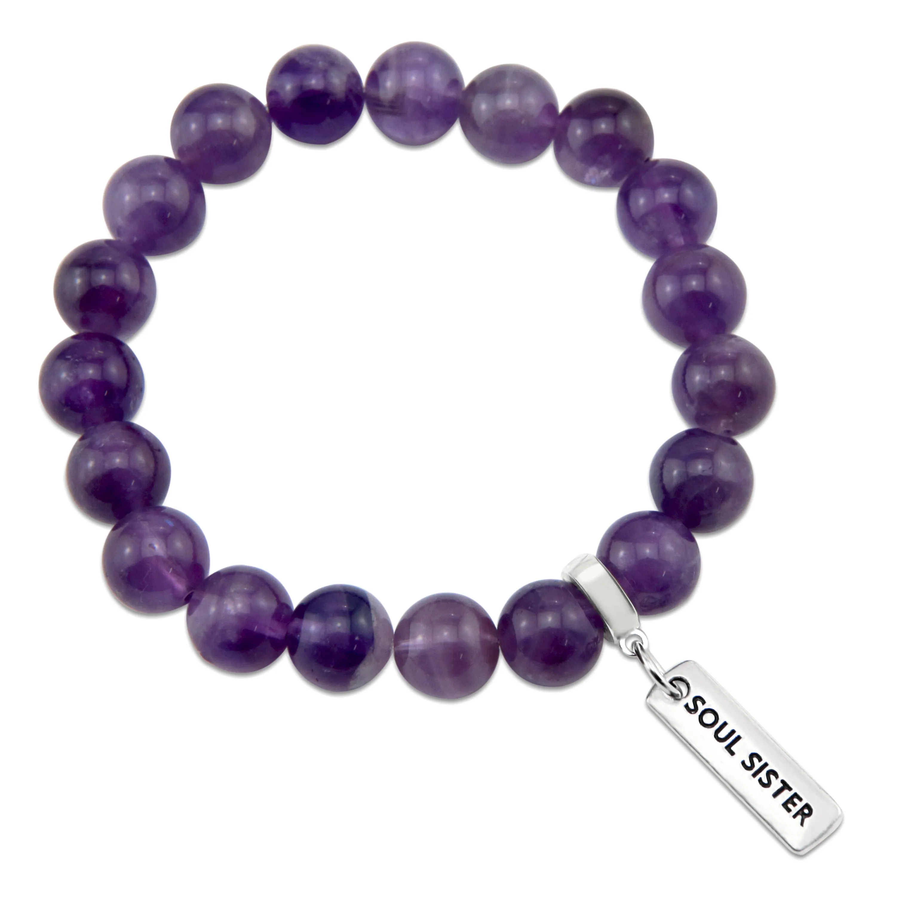 Precious Stone Bracelet - Deep Amethyst 10mm Beads - with Silver Word Charms