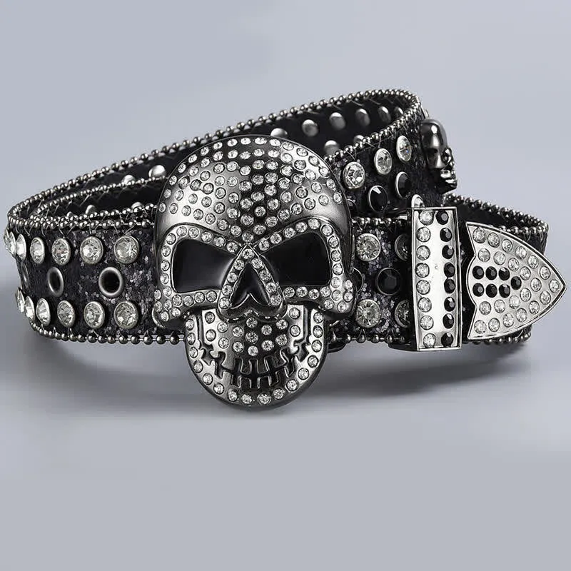 Punk Death Ghost Rhinestone Beaded Leather Belt