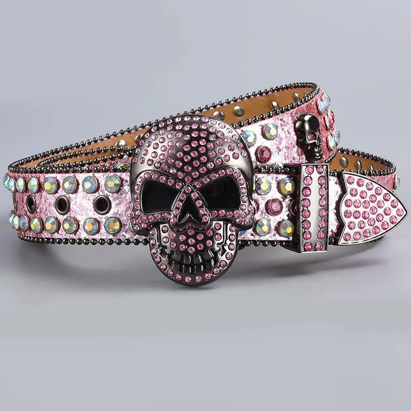 Punk Death Ghost Rhinestone Beaded Leather Belt