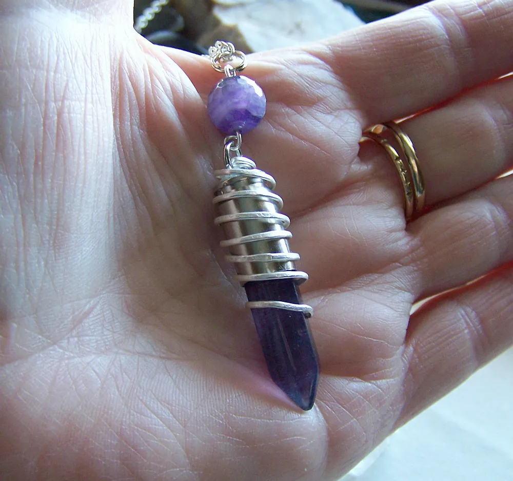 Purple Banded Fluorite Wire Wrapped Silver Bullet Pendant