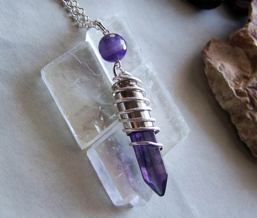 Purple Banded Fluorite Wire Wrapped Silver Bullet Pendant