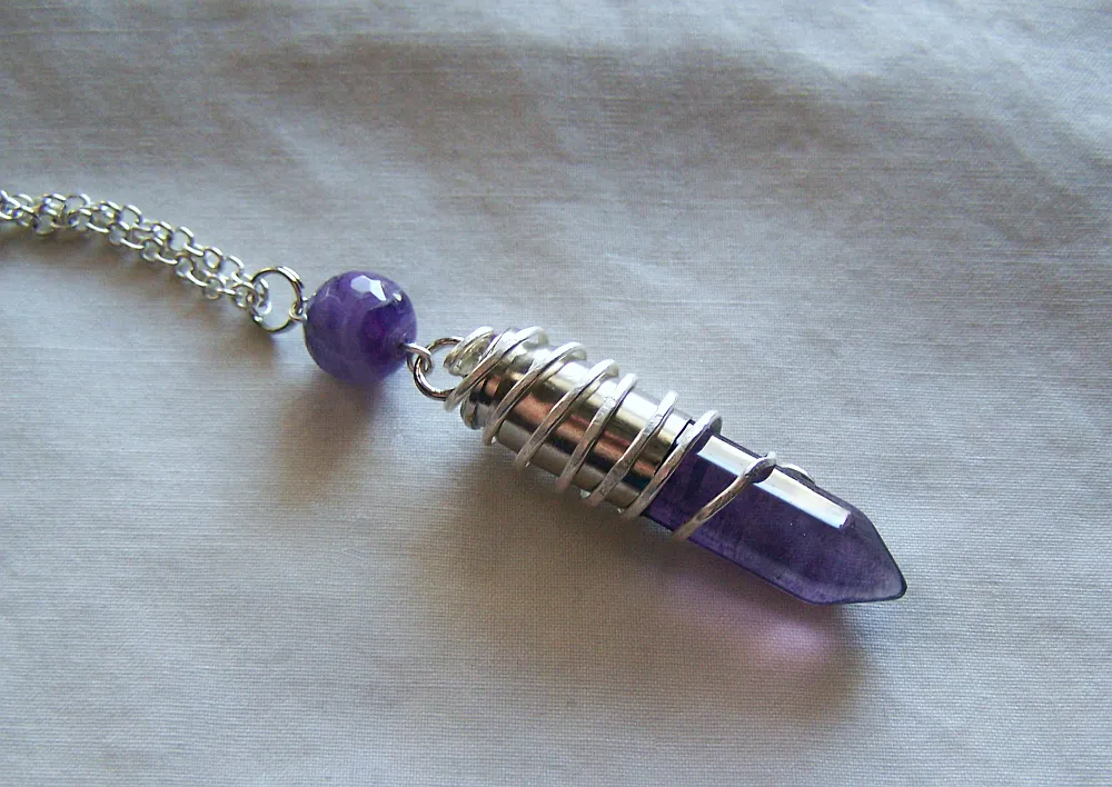 Purple Banded Fluorite Wire Wrapped Silver Bullet Pendant