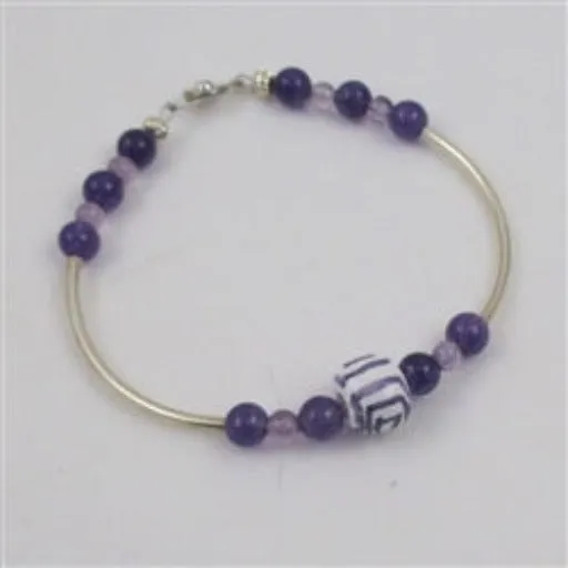 Purple Pansy Swirled Kazuri Bead Bangle Bracelet