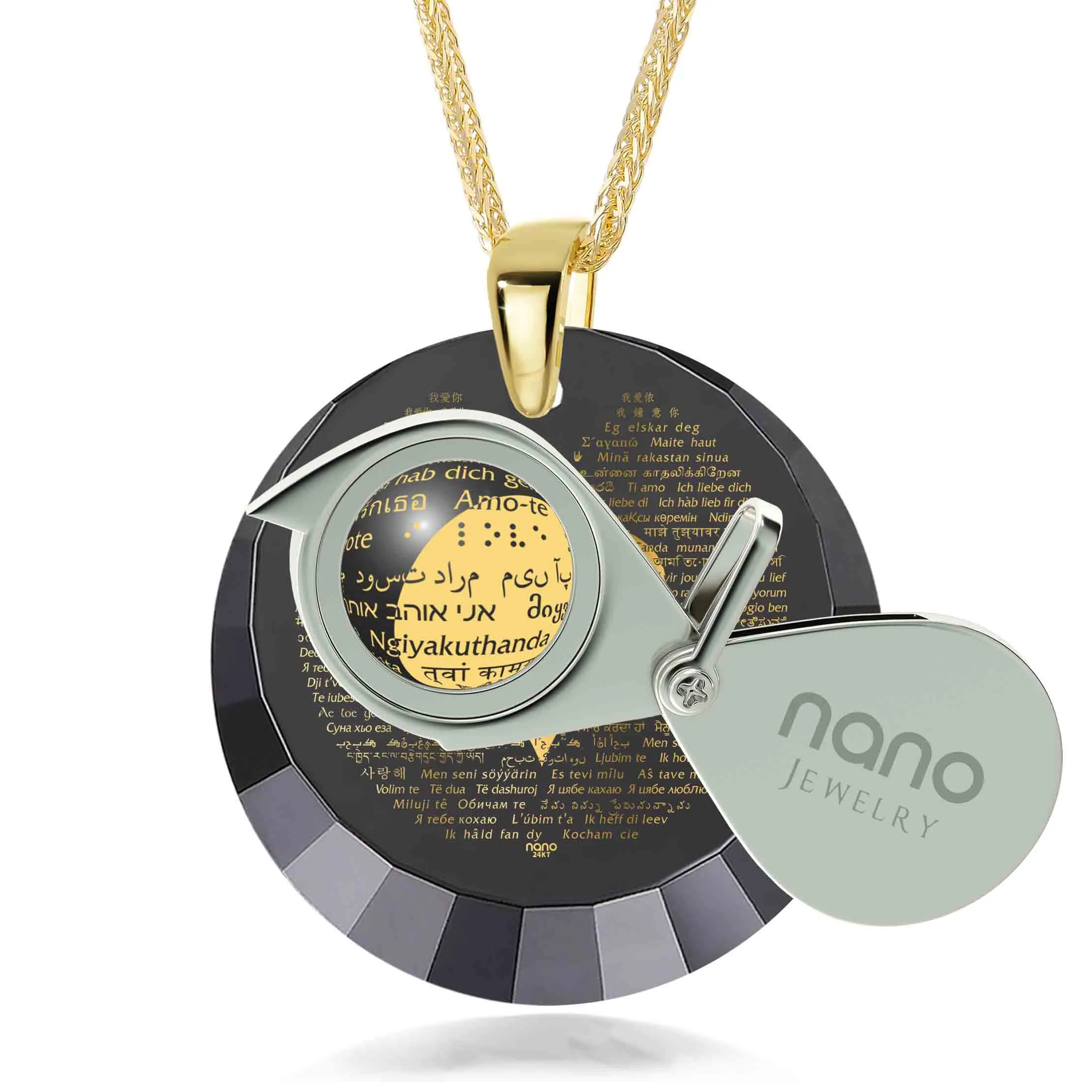 "I Love You" in 120 Languages, Silver Gold Plated Necklace, Zirconia