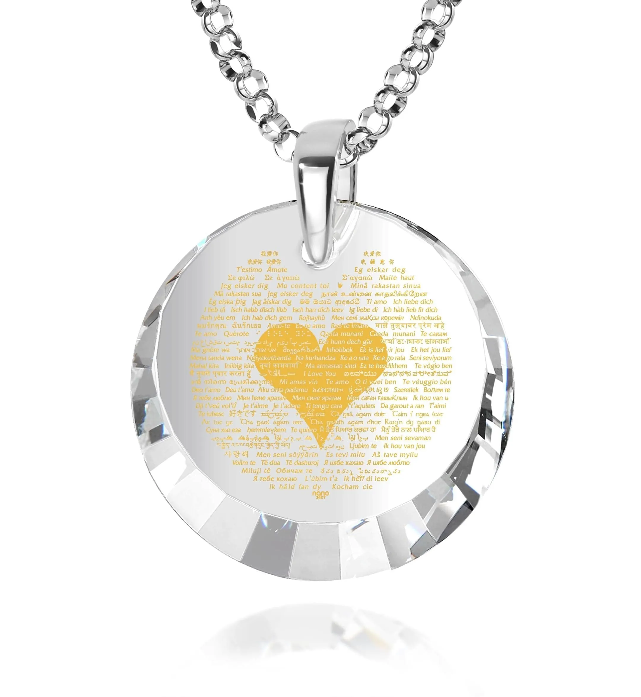 "I Love You" in 120 Languages, Sterling Silver Necklace, Zirconia