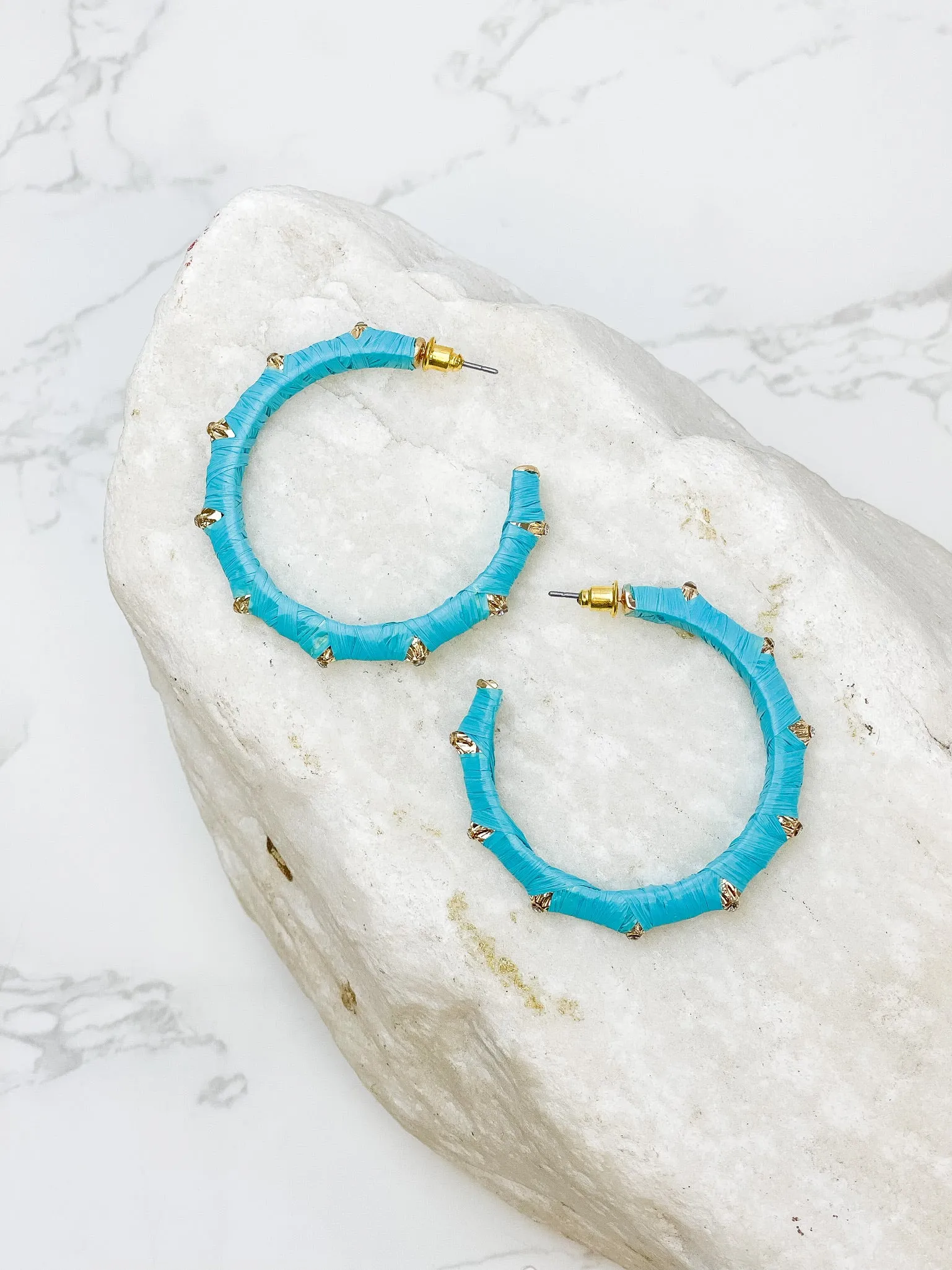 Raffia Wrapped Rhinestone Hoop Earrings - Aqua