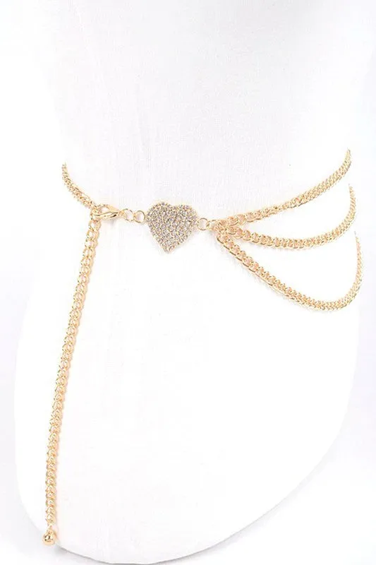 Rhinestone Heart Charm Layer Chain Belt