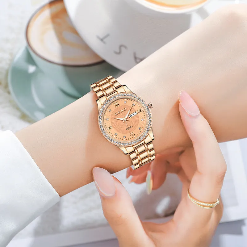 Rose Gold Watch Waterproof Fashion Couple Watch Double Calendar Quartz Watch