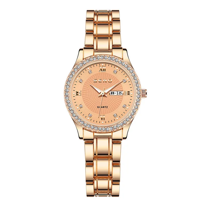 Rose Gold Watch Waterproof Fashion Couple Watch Double Calendar Quartz Watch