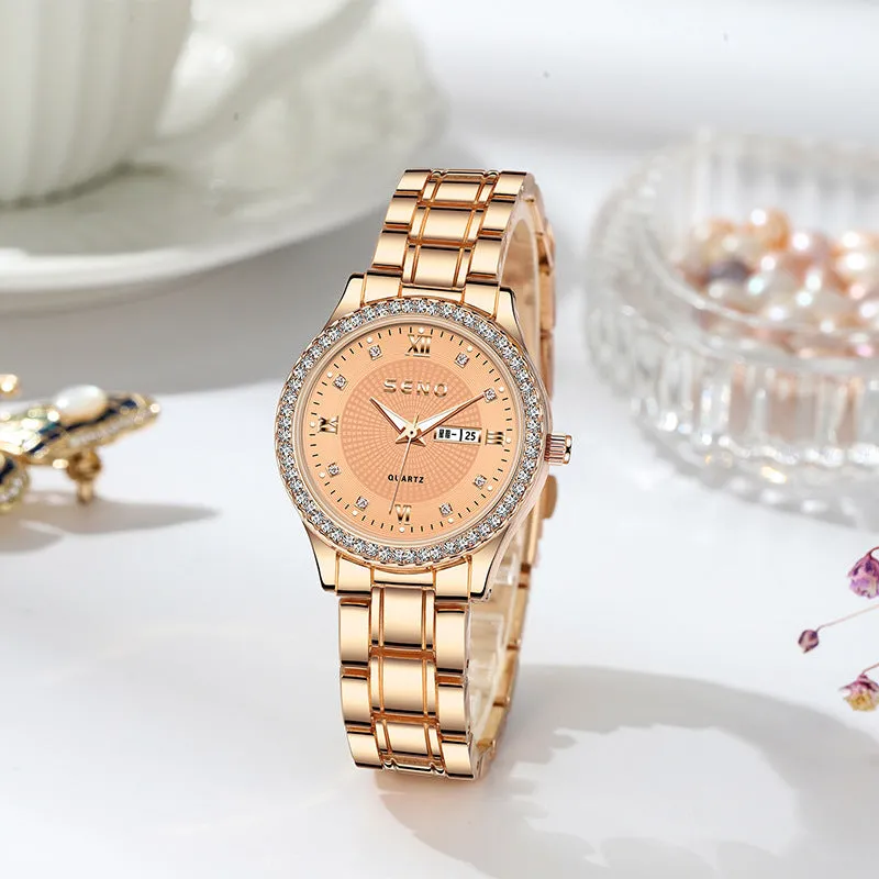 Rose Gold Watch Waterproof Fashion Couple Watch Double Calendar Quartz Watch