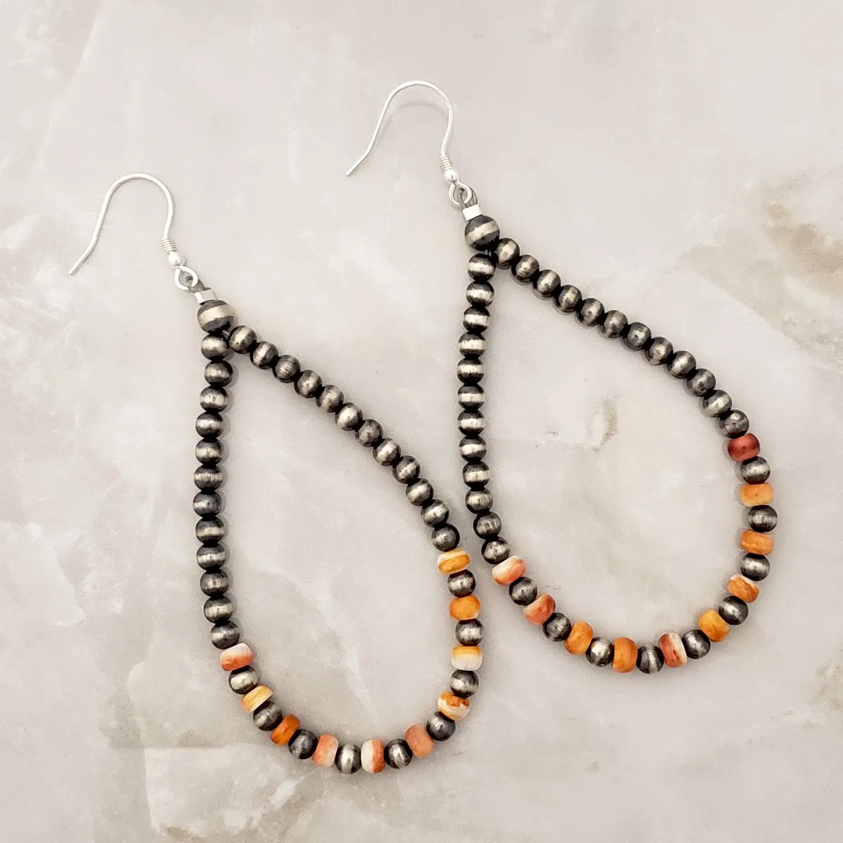 Round Navajo Pearls & Orange Spiny Oyster Tear Drop Dangle Earrings Sterling Silver NPE005