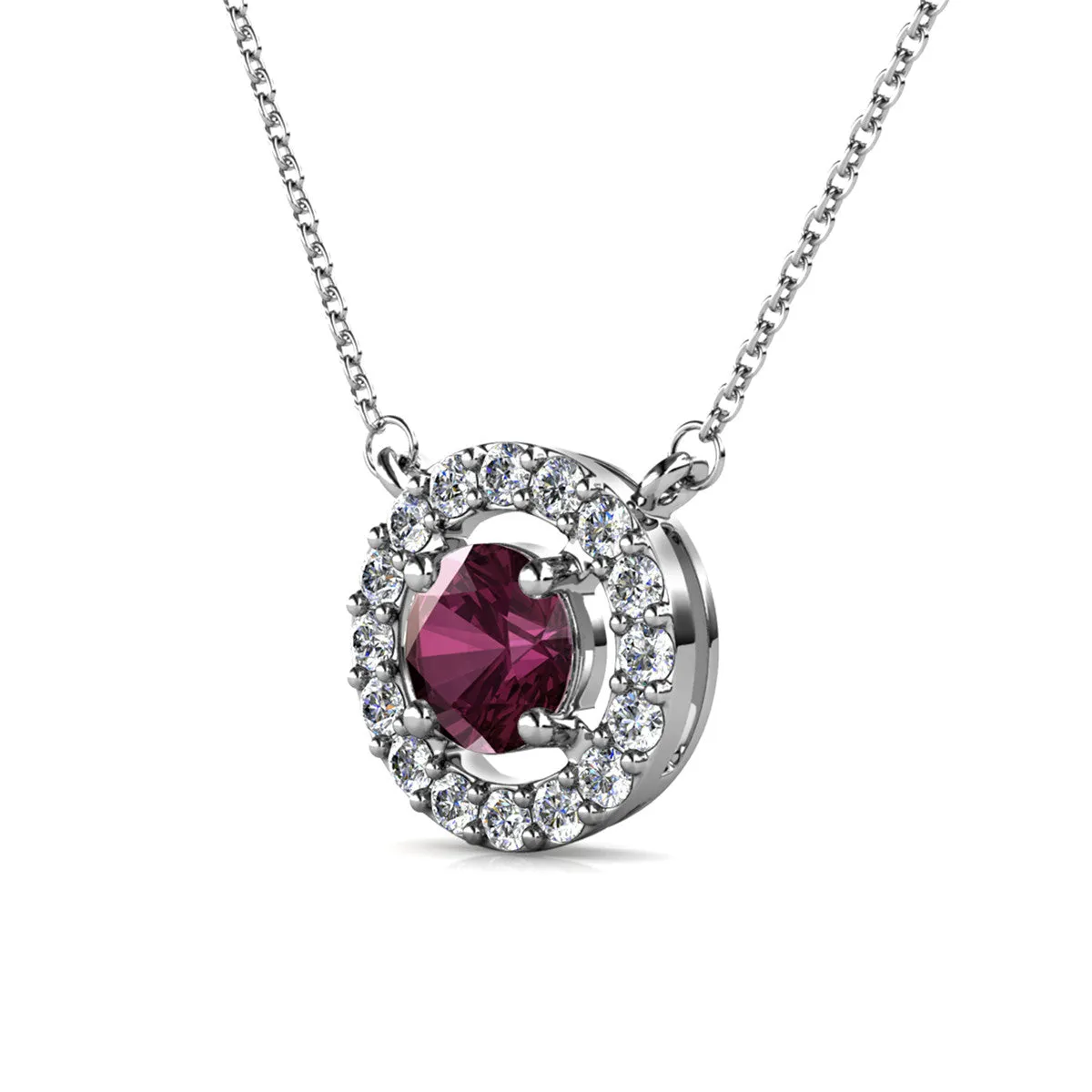 Royal 18k White Gold Plated February Birthstone Halo Necklace with Round Cut Amethyst Swarovski Crystals