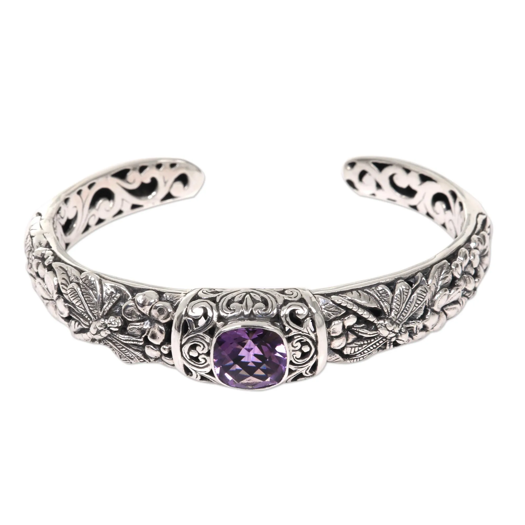 Sacred Garden in Purple Amethyst and Sterling Silver Cuff Bracelet from Indonesia