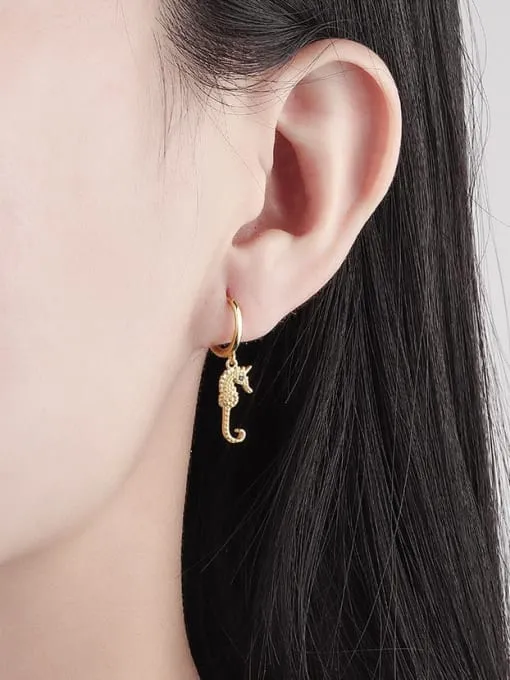 Seahorse Charm Hoop Earrings, .925 Sterling Silver Hypoallergenic Huggie Earrings