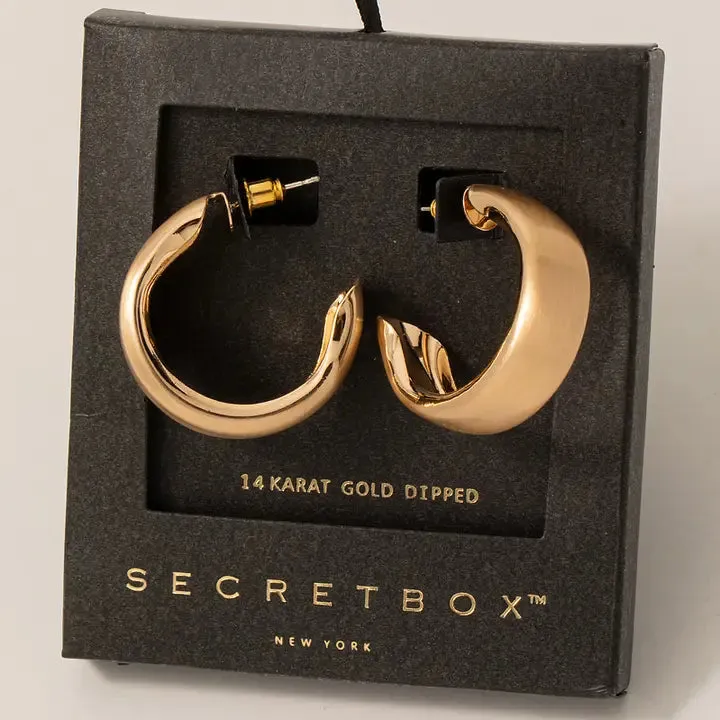 Secret Box Brushed Gold Dipped Beveled Hoop Earrings