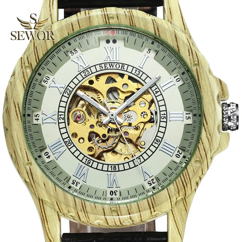 SEWOR 2018 Newest Imitation wood metal Dual digital display of men's automatic mechanical watch C335